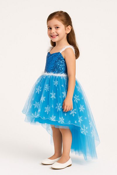 Trend Bebe Butik Rochie albastră de prințesă pentru fetiță |   Costum rochie de seară cu tematică Elsa, scurtă în față, lungă în spate, cu model de zăpadă