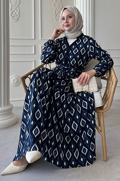 InStyle Φόρεμα με τρίγωνο μοτίβο μαρμάρινο βισκόζη Navy Blue