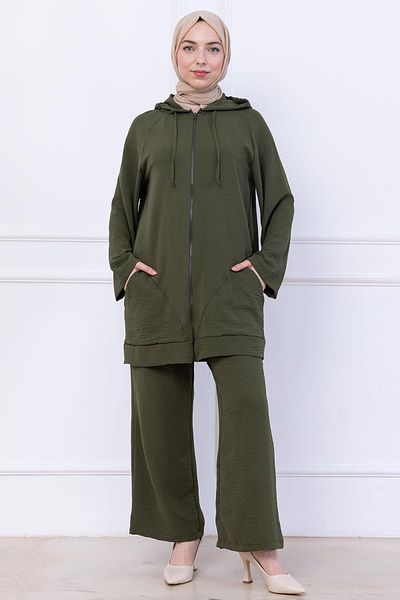 hafsamina Hooded Kangaroo Pocket Zippered Ayrobin Suit Khaki Hm2731