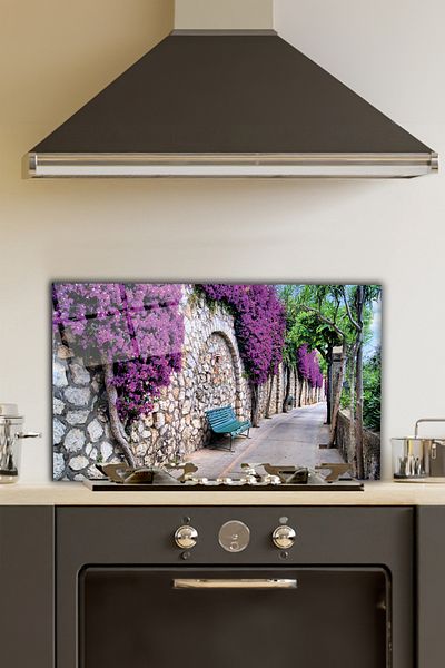 Rosyvien Purple Floral Street Glass Stove Back Protector, Kitchen Built-In and Countertop Protection, with Tempered and Rodage