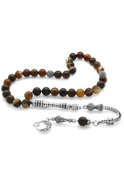 Tesbihane Non-Tarnish Metal Crescent Star Tasseled Globe Cut Madagascar Agate Natural Stone Rosary