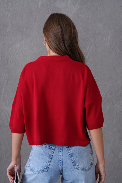bayansepeti Women's Red Polo Neck Half Sleeve Oversize Summer Crop Knitwear Blouse 002