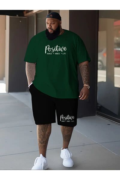 ACTIVE MODA - تيشيرت رجالي مطبوع إيجابي - شورت طقم مكون من قطعتين مقاس كبير من القطن