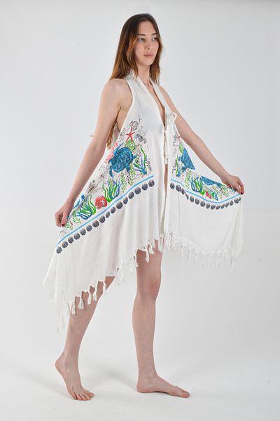 REİNA TEKS Asymmetrical Viscon Bell Vest Turtle Print Cotton Beachwear 1 Pcs Pareo Beachwear