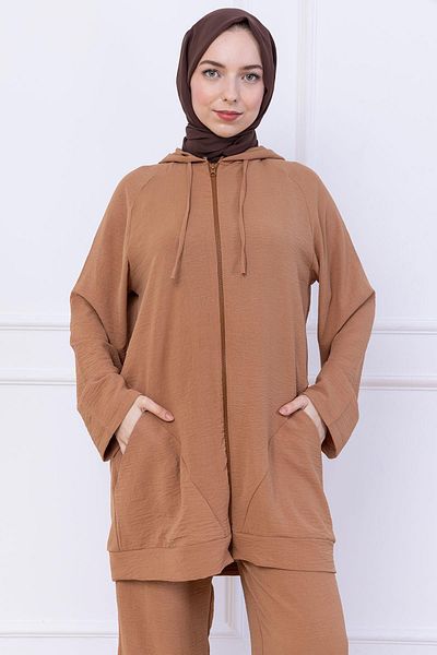 hafsamina Hooded Kangaroo Pocket Zippered Ayrobin Suit Camel Hm2731