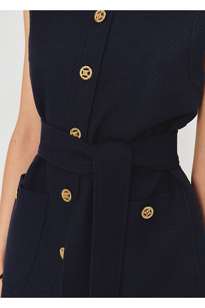 Exquise Gold Button Detailed Belted Textured Fabric Slim Fit Navy Blue Vest with Pockets