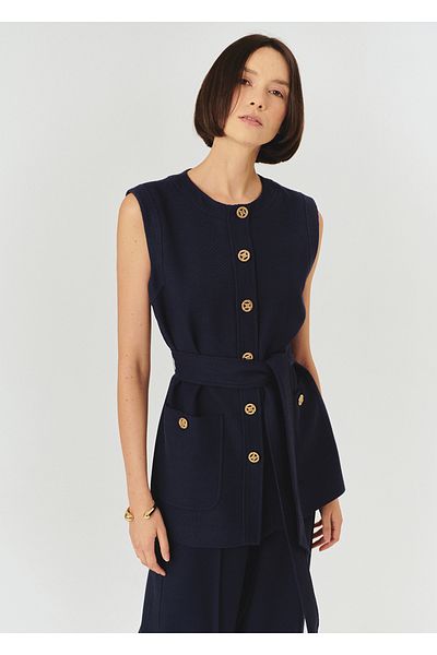 Exquise Gold Button Detailed Belted Textured Fabric Slim Fit Navy Blue Vest with Pockets