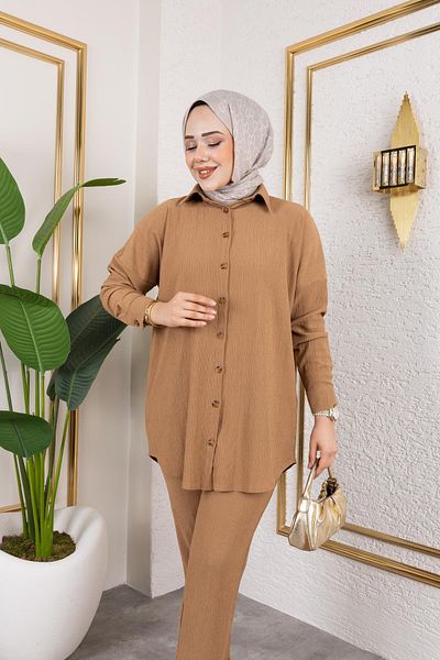 Moda Ebva Μπροστινό Κουμπωτό Διπλό Σετ-5027 Latte
