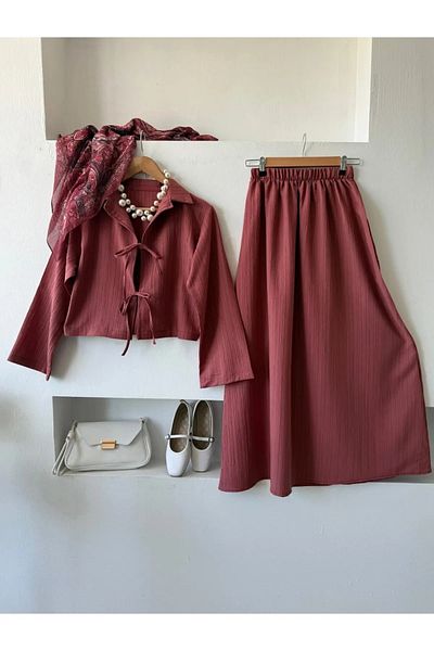 fh fashionhere Women's Relaxed Cut Dried Rose Kimono Two-Tie Seersucker Fabric Skirted Hijab/Daily Suit