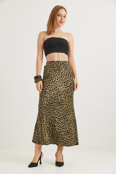 Raneel Kazançlı Alışveriş Fusta din satin leopard cu talie elastică kaki