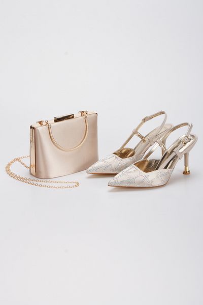 AYDOĞDU by ünal Stylish Stone Satin Women's Heel Shoes and Bag Combination