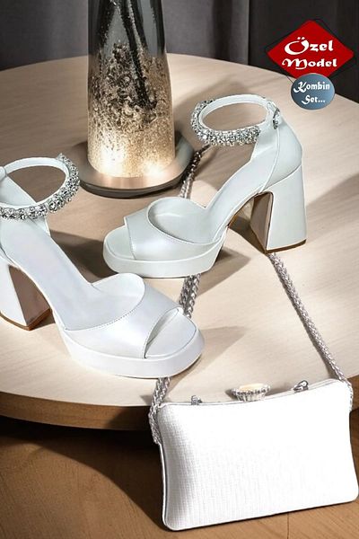 Blackroses White Skin Stone Ankle Lacing and Combination Bag Platform Heeled Wedding Dress Shoes