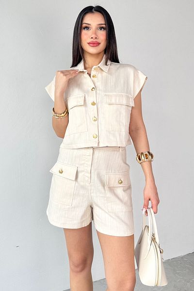 Cappmoda Tkm-13267 Stone Color Pocketed Crop Vest Shorts Linen Double Set