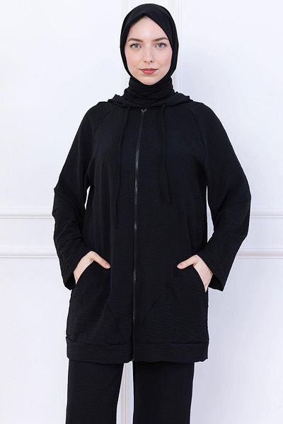 hafsamina Hooded Kangaroo Pocket Zippered Ayrobin Suit Black Hm2731