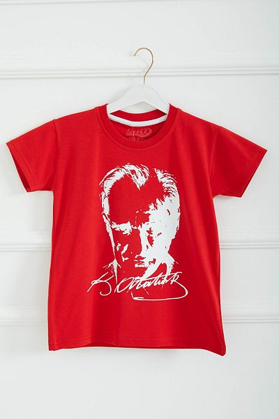 TOFİSA Boy's Red Crew Neck Ataturk Printed Short Sleeve Unisex T-Shirt - 26847