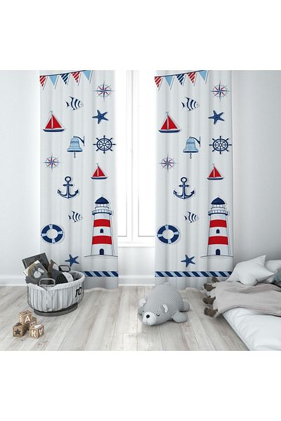 Talia Home Mixed Sailor Patterned Children's and Baby's Room Background Curtain 2 Wings Tla-291