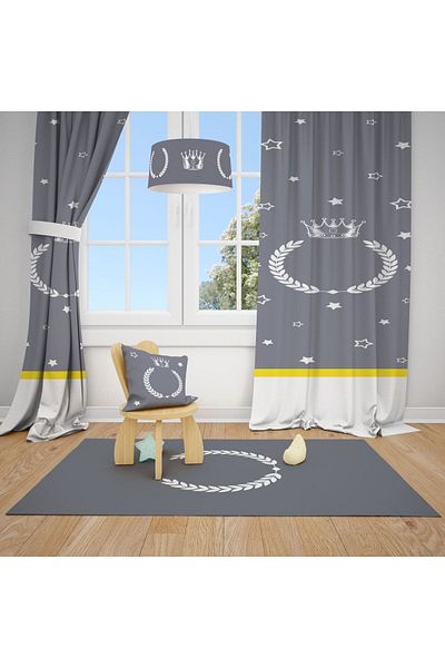 Talia Home Gray Crown Patterned Children's and Baby's Room Background Curtain 2 Wings Tla-210