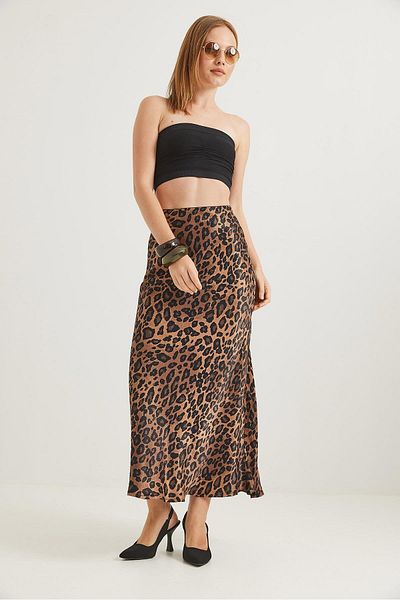 Raneel Kazançlı Alışveriş Fusta din satin leopard cu talie elastică Leopard