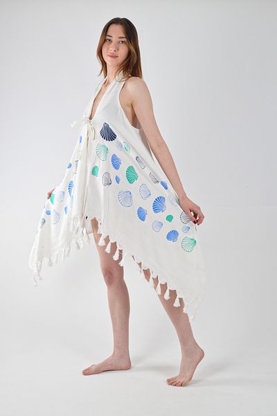 REİNA TEKS Asymmetrical Viscon Bell Vest Seashell Pattern Cotton Beachwear 1 Pcs Pareo Beachwear