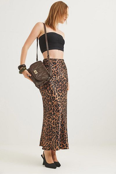 Raneel Kazançlı Alışveriş Fusta din satin leopard cu talie elastică Leopard