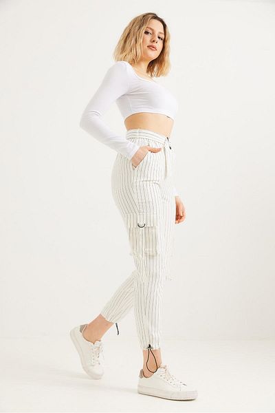 Raneel Kazançlı Alışveriş Elasticized Linen Trousers with Side Pockets White