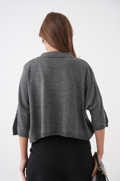 barış sülün lovebox Women's Polo Neck Low Sleeve Design Oversize Crop Anthracite Knitwear Blouse 002