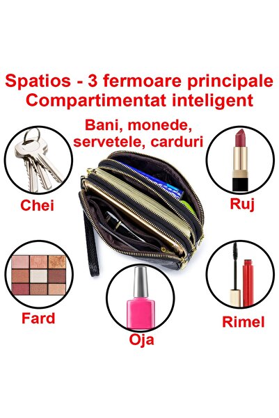 OEM Portofel dama piele naturala, 3 compartimente, curea mana, incapator, 16x9.5x5 cm, Negru