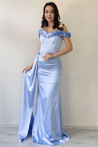 zks grup tekstil Rochie de seară din satin cu decolteu floral pentru femei, pudră, albastru baby