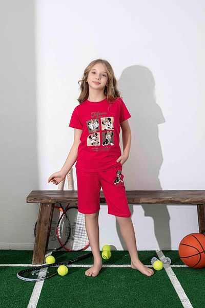 KIPIRIK BABY Girl's Mini Patterned Red Shorts Pajama Set