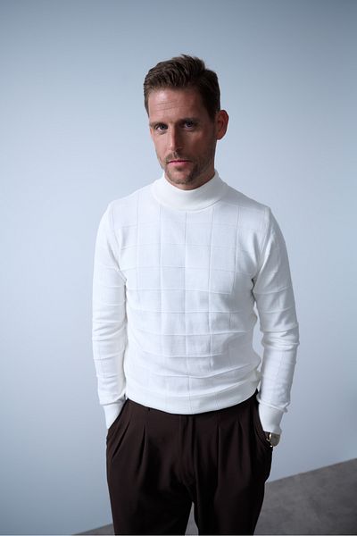 MFY Fashion Men's 100% Cotton Square Pattern Textured Half Turtleneck Knitwear Sweater – Ecru