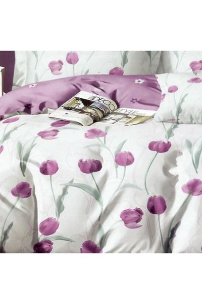 Pucioasa Double Bed Sheet Set Made of Fine Satin, Duvet Cover 200x220cm, 6 Pieces, Purple Tulips