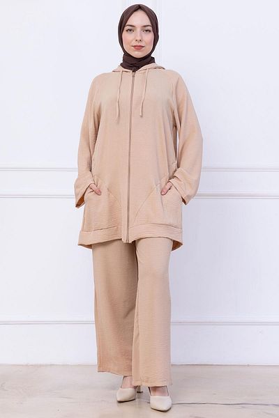 hafsamina Hooded Kangaroo Pocket Zippered Ayrobin Suit Beige Hm2731
