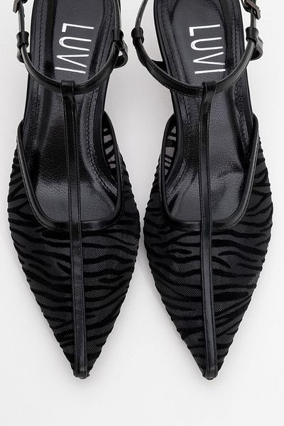LuviShoes Lare Black Mesh Skin Patterned Pointed Toe Women's Short Heeled Shoes