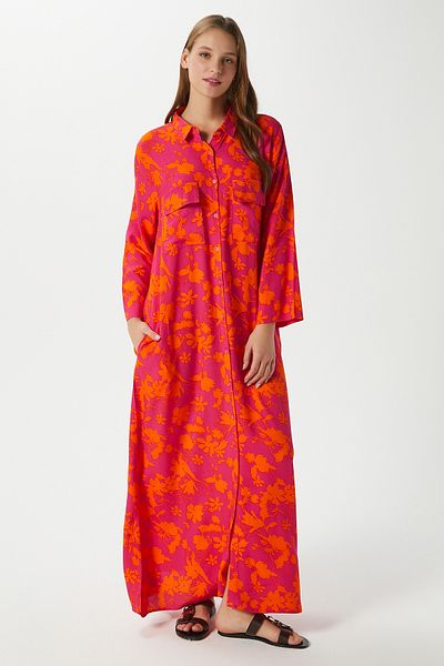 Ritnice Modest Women Garden 100% Viscose Orange Front Button Long Dress