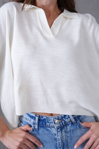 bayansepeti Women's White Polo Neck Half Sleeve Oversize Summer Crop Knitwear Blouse 002