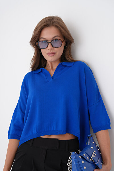 barış sülün lovebox Жіночий поло з низьким коміром, коротким рукавом, оверсайз, кроп-топ, синій трикотажний блуз 002