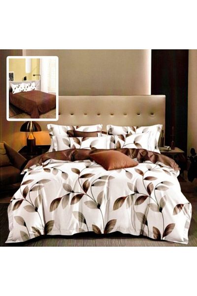 Pucioasa Double Bed Linen from Satinized Flannel, Blanket Sheet 200x220cm, 6-piece Set, Brown Leaves