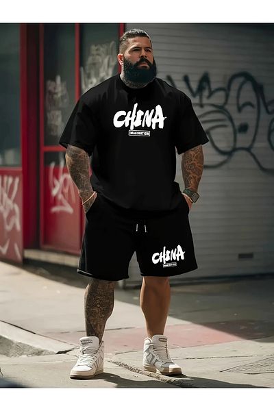 ACTIVE MODA - تي شيرت رجالي مطبوع عليه صيني - شورت طقم مكون من قطعتين مقاس كبير من القطن