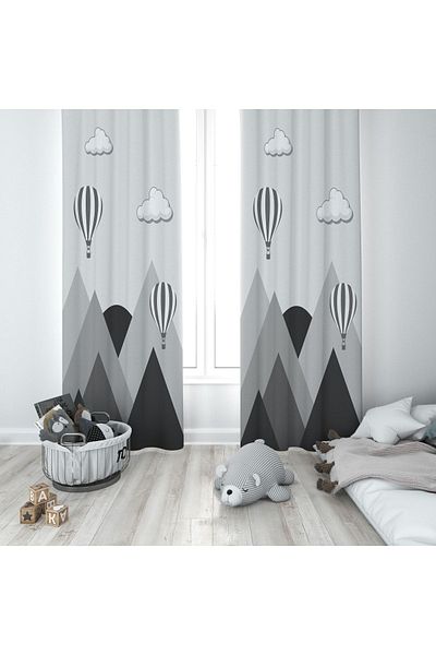 Talia Home Gray Background Mountain Patterned Children's and Baby's Room Background Curtain 2 Wings Tla-287
