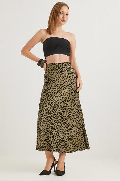 Raneel Kazançlı Alışveriş Fusta din satin leopard cu talie elastică kaki