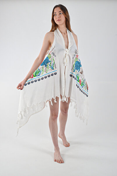 REİNA TEKS Vestă asimetrică Viscon Bell, cu imprimeu broască țestoasă, îmbrăcăminte de plajă din bumbac, 1 bucată, îmbrăcăminte de plajă pareo