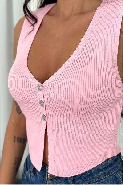 FEMELLE Women's Pink Standard Size Buttoned Sleeveless 100% Cotton Knitwear Blouse