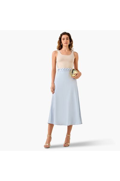 FAV Satin Midi Skirt with Braided Waist Detail