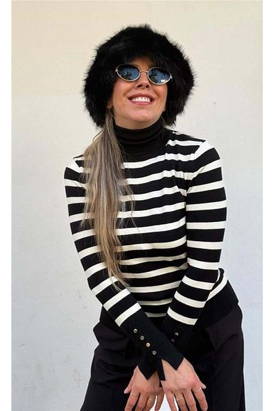 Dilvin Striped Drop Turtleneck Sweater
