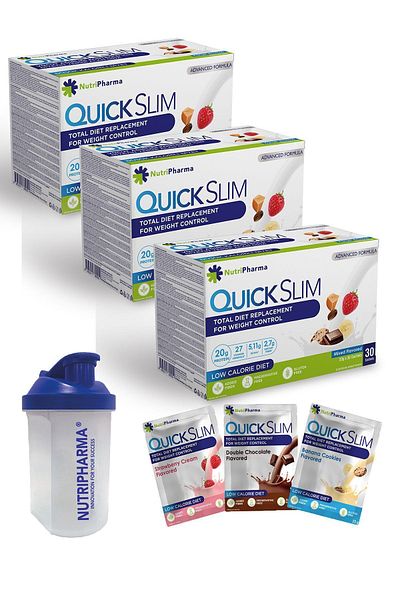 NUTRIPHARMA QUICK SLIM Quick Slim Diet Shake - 90 Sachets - High Protein Meal Powder - Shaker Gift
