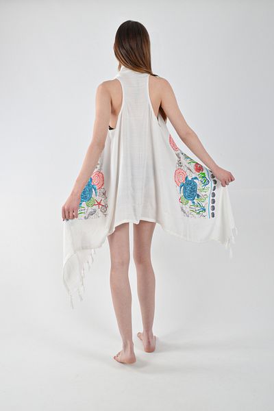 REİNA TEKS Asymmetrical Viscon Bell Vest Turtle Print Cotton Beachwear 1 Pcs Pareo Beachwear