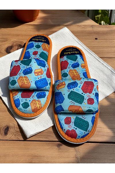 Chochili Papuci de casă unisex cu model cutie albastru deschis în față