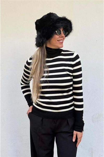 Dilvin Striped Drop Turtleneck Sweater