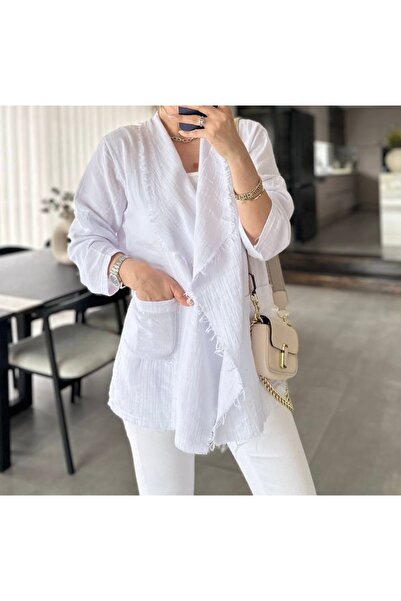 ByEsila Püskül Dikiş Şal Yaka Oversize Müslin Ince Ceket