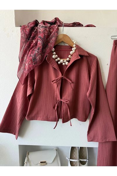 fh fashionhere Women's Relaxed Cut Dried Rose Kimono Two-Tie Seersucker Fabric Skirted Hijab/Daily Suit